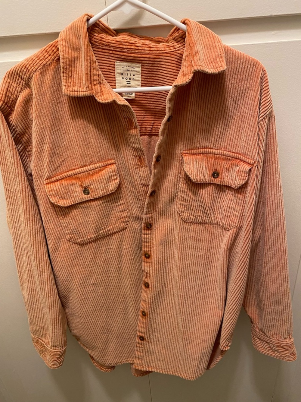 Billabong Corduroy Button-Down Shirt Jacket in Peach-Orange